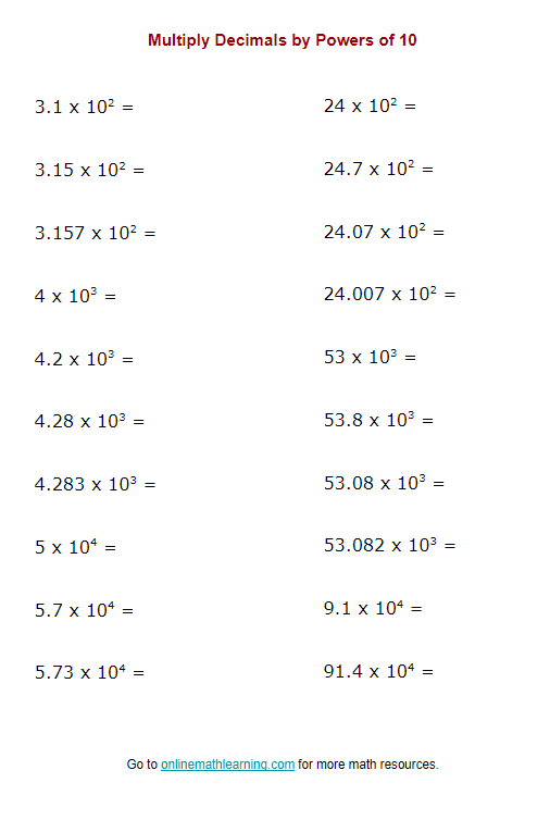 Multiplying Whole Numbers and Decimals by Powers of 10 Math Lesson Fifth grade math worksheet showing multiplication problems with powers of 10 for whole numbers and decimals