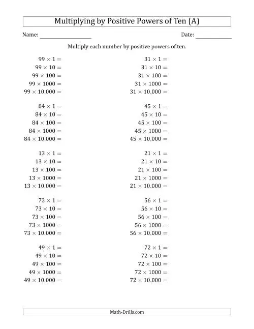 Multiplying Whole Numbers and Decimals by Powers of 10 Math Practice Sheet Fifth grade math worksheet showing multiplication problems with powers of 10 for whole numbers and decimals with answer key