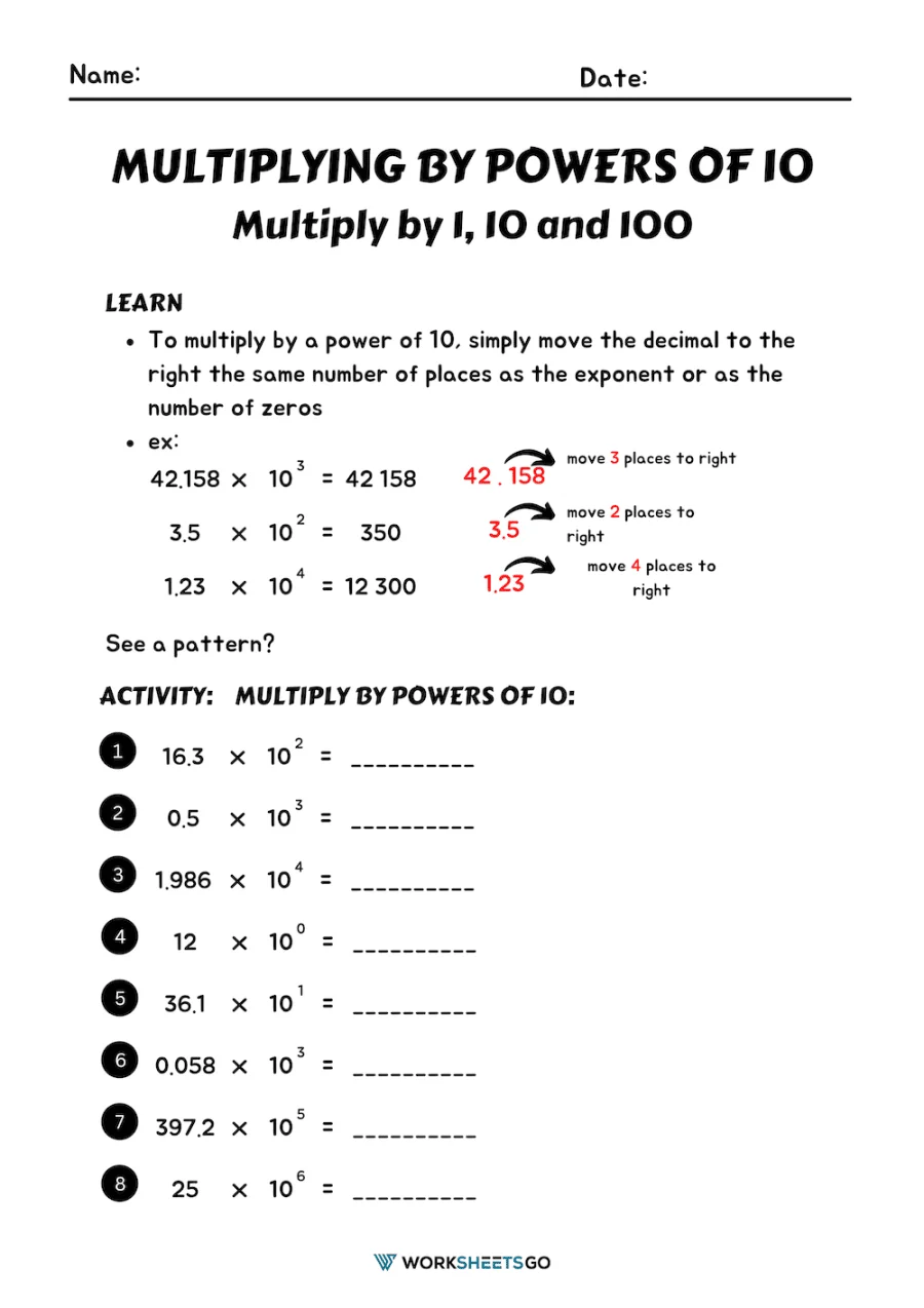 Multiplying by Powers of 10 Math Lesson for Elementary Students Fifth grade math worksheet showing examples of multiplying whole numbers and decimals by powers of 10 with visual demonstrations