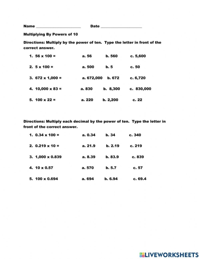 Multiplying by the Power of 10 Worksheet Number 17 Fifth grade math worksheet showing problems on multiplying whole numbers and decimals by powers of ten