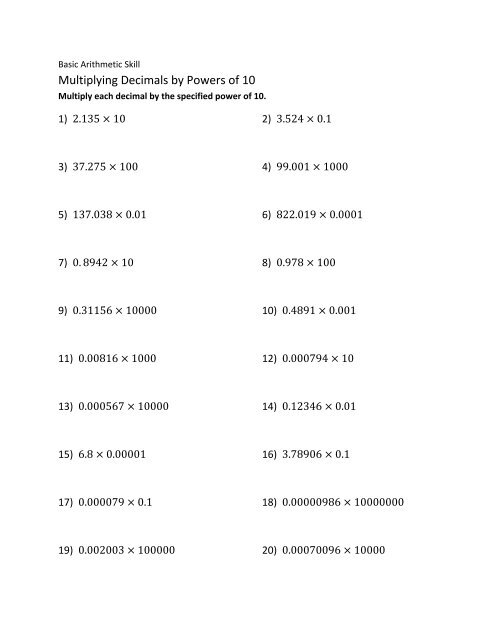 Image 18: Multiplying by Powers of 10 Practice Problems for Elementary Students Fifth grade math worksheet demonstrating how to multiply whole numbers and decimals by powers of 10 with step-by-step examples