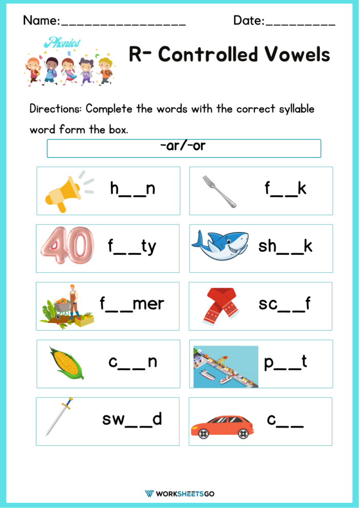 Worksheet featuring multisyllabic words with R-controlled vowels for fourth graders
