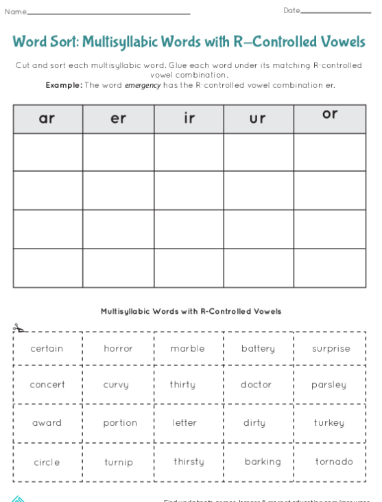 Students engaging with the Stand Up! worksheet on multisyllabic words featuring R-controlled vowels