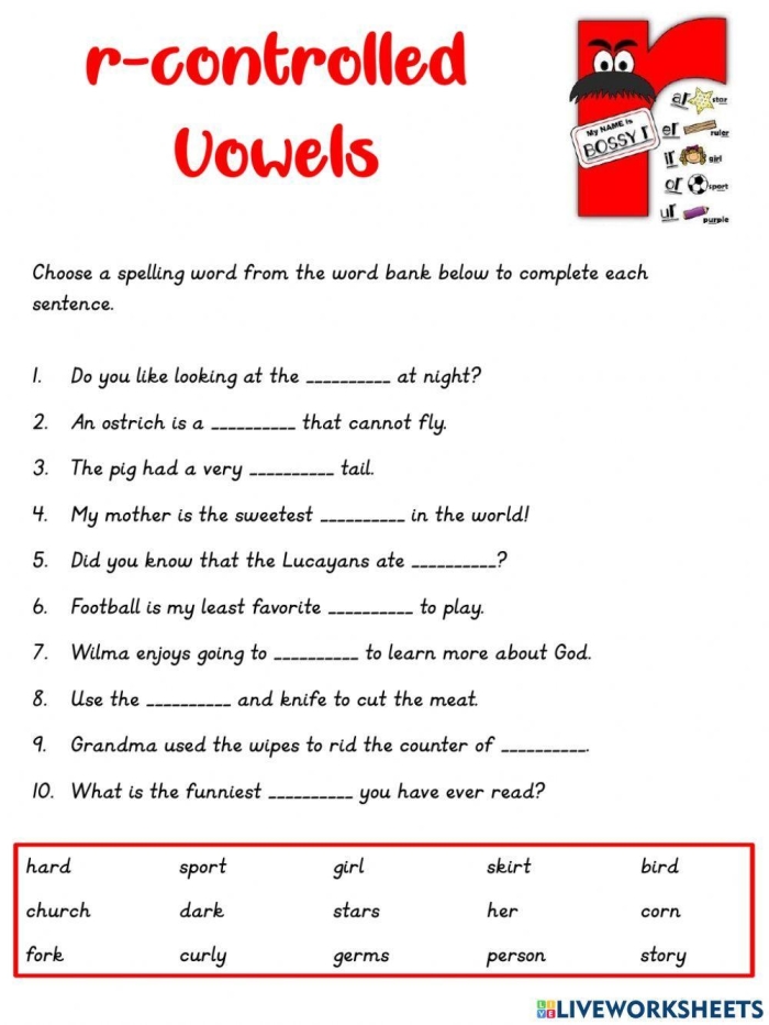 Worksheet activity featuring multisyllabic words with R-controlled vowels for fourth graders