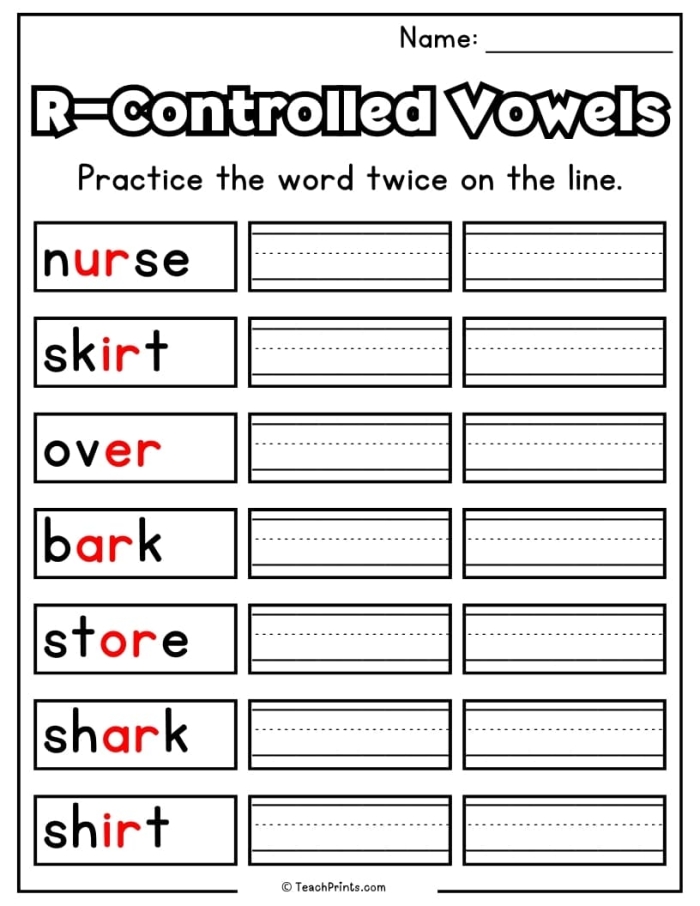 Students engaging in a worksheet activity matching multisyllabic words to R-controlled vowel combinations