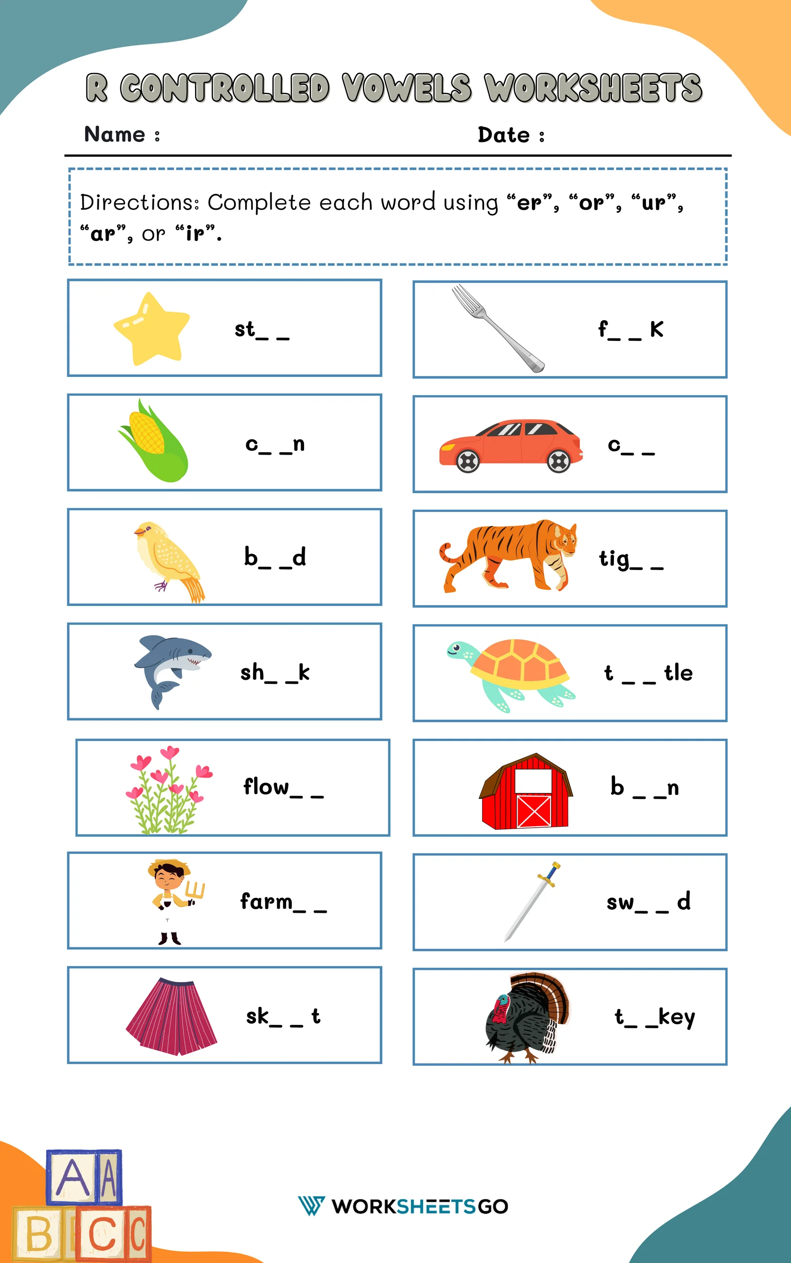 Worksheet for matching multisyllabic words to R-controlled vowel combinations