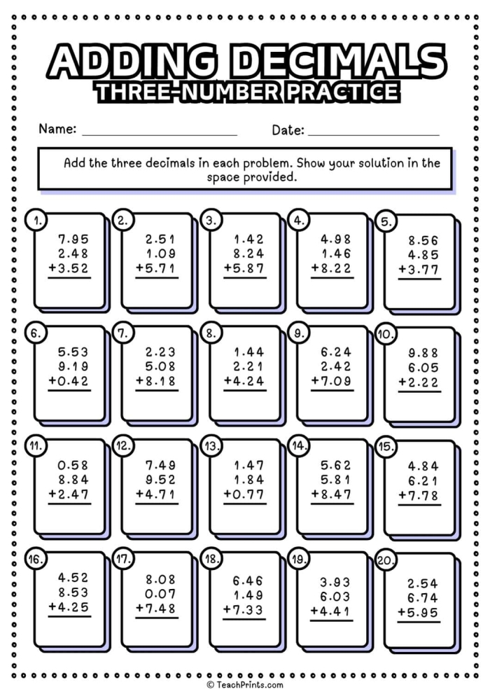 Mummy Math worksheet featuring decimal addition problems for fifth graders