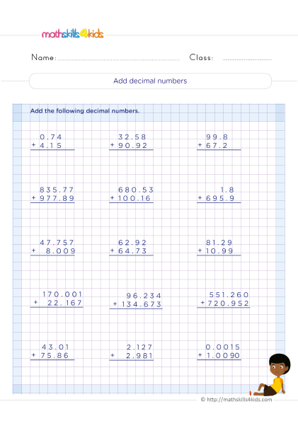 Mummy Math worksheet featuring a fun Halloween-themed decimal addition puzzle for fifth graders