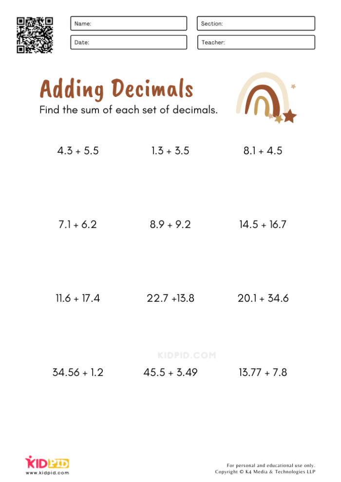 Worksheet featuring Mummy Math: Adding Decimals for fifth graders to solve and decode a Halloween-themed secret word. Fun Halloween math puzzle with 12 three-digit decimal addition problems.
