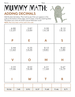 Mummy Math worksheet featuring a Halloween-themed puzzle for adding decimals