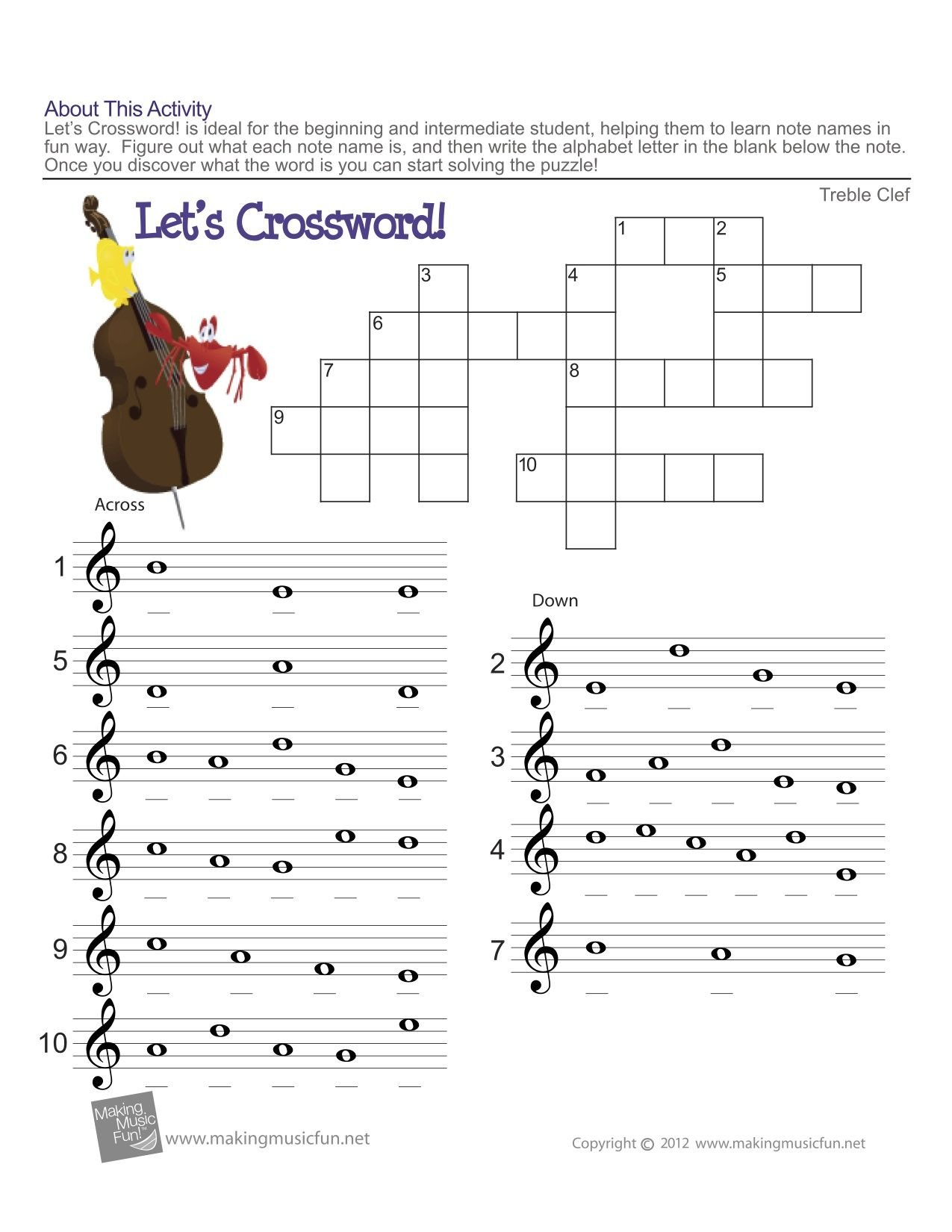 Fourth grade music worksheet teaching students how to read musical notes on a staff with practice exercises