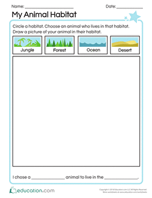 Engaging visual for Pre-K students exploring global ecosystems in life science Colorful illustration of various animals and plants in diverse habitats for the My Animal Habitat worksheet