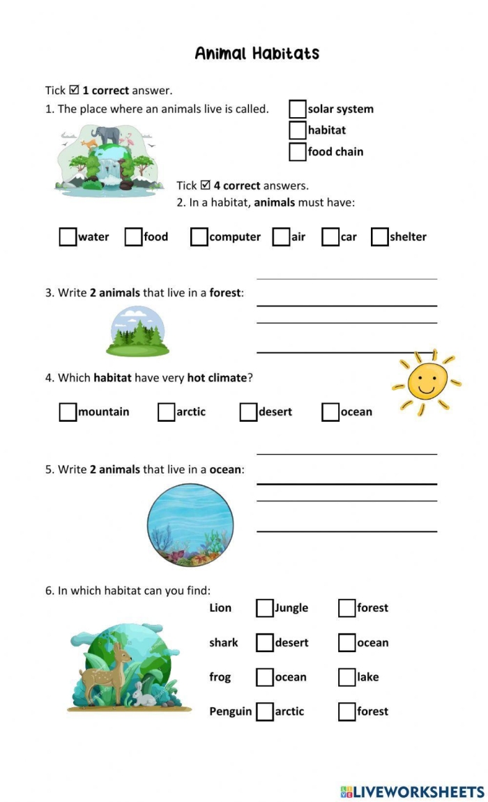 Life Science worksheet for Pre-K Colorful illustration of various animals and plants in their natural habitats for a Pre-K worksheet. My Animal Habitat educational worksheet for young learners.