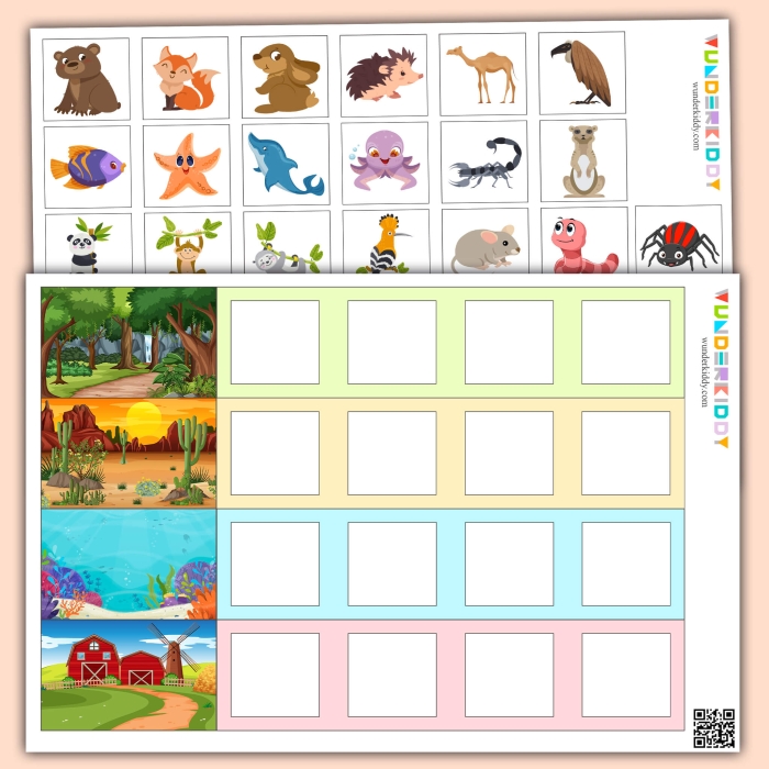 Engaging visual for the My Animal Habitat worksheet, focusing on global ecosystems Colorful illustration of various animals and plants in diverse habitats for the My Animal Habitat worksheet