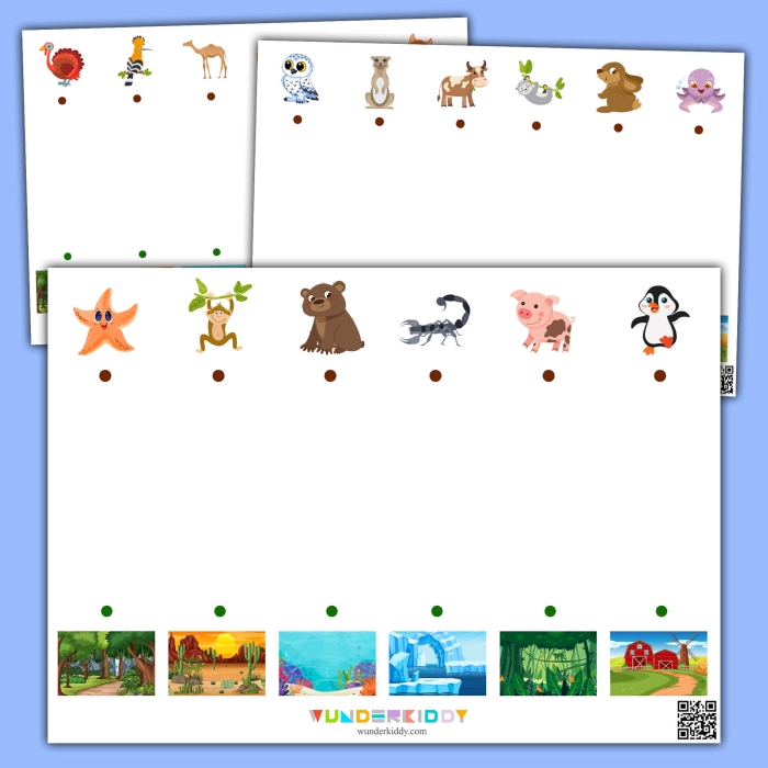 Life Science worksheet for Pre-K Colorful illustration of various animals and plants in their natural habitats for the My Animal Habitat worksheet. Educational image for the My Animal Habitat worksheet targeting Pre-K students in Life Science.