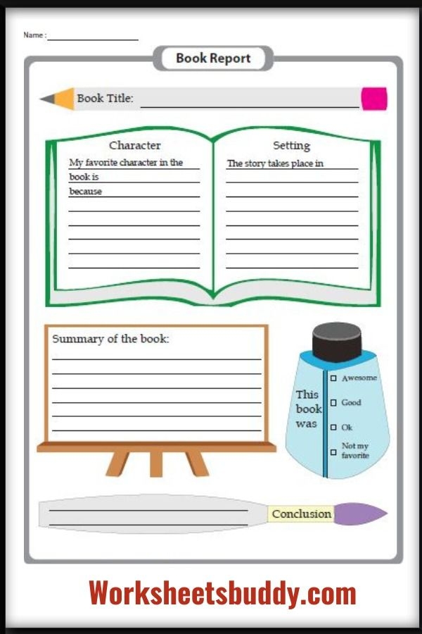 Second grade geography student filling out a My Book Report worksheet template