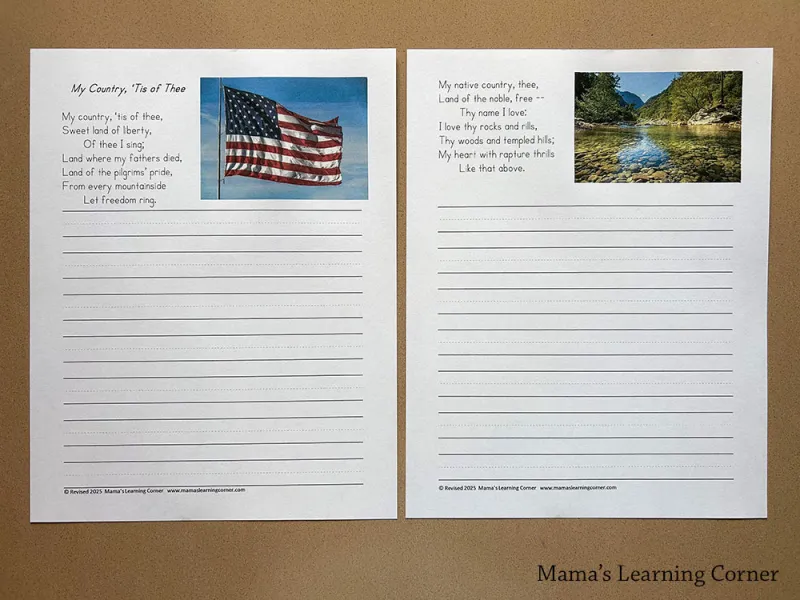 Pre-K worksheet featuring My Country Tis of Thee lyrics for coloring practice