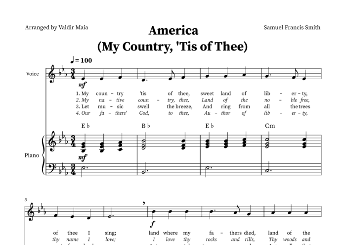 Pre-K student coloring sheet featuring My Country Tis of Thee lyrics for counting practice