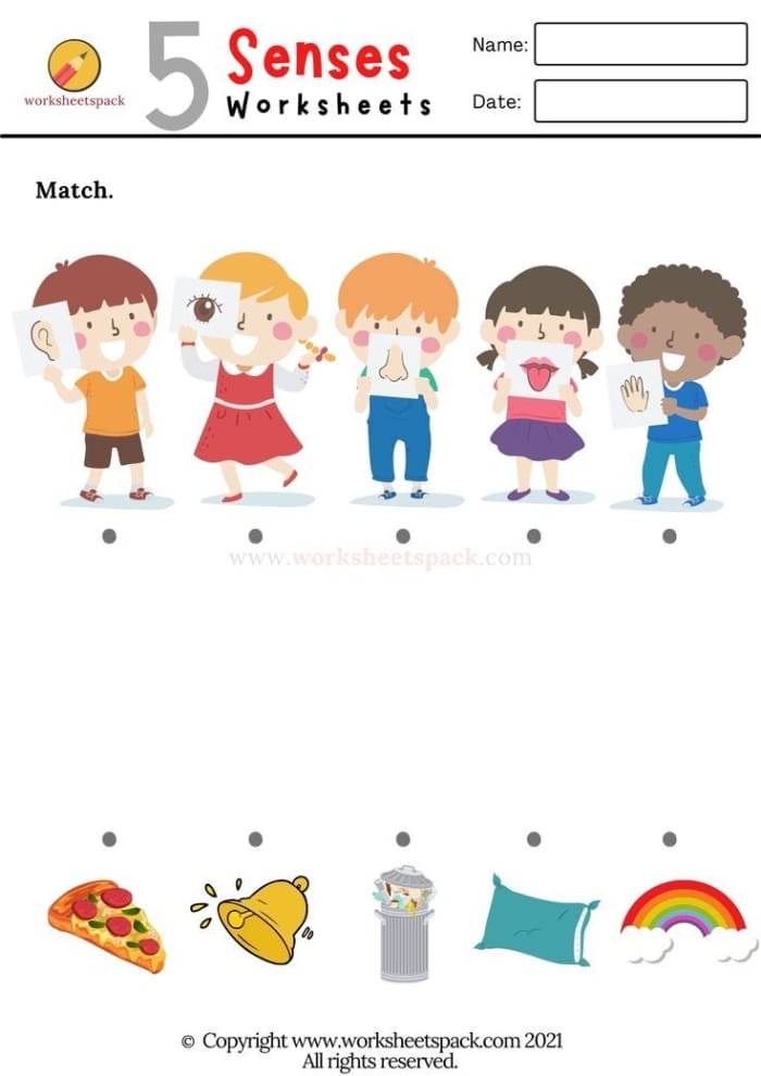 Kids engaging with the My Five Senses Match-Up 1 worksheet, matching senses to images