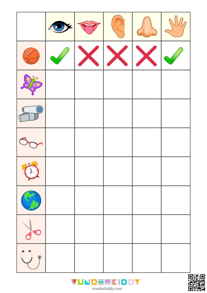 ALT text for My Five Senses Match-Up 1 worksheet showing various sense-related images for matching