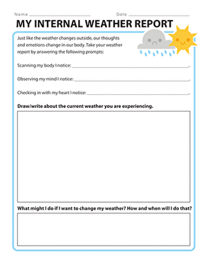Integers and Rational Numbers worksheet for Second Grade Worksheet illustrating the My Internal Weather Report activity for second graders to express their emotions. Engaging visual for understanding emotions through weather metaphors.