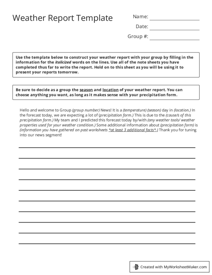 Engaging My Internal Weather Report worksheet for second graders Worksheet for tracking emotions with the My Internal Weather Report activity