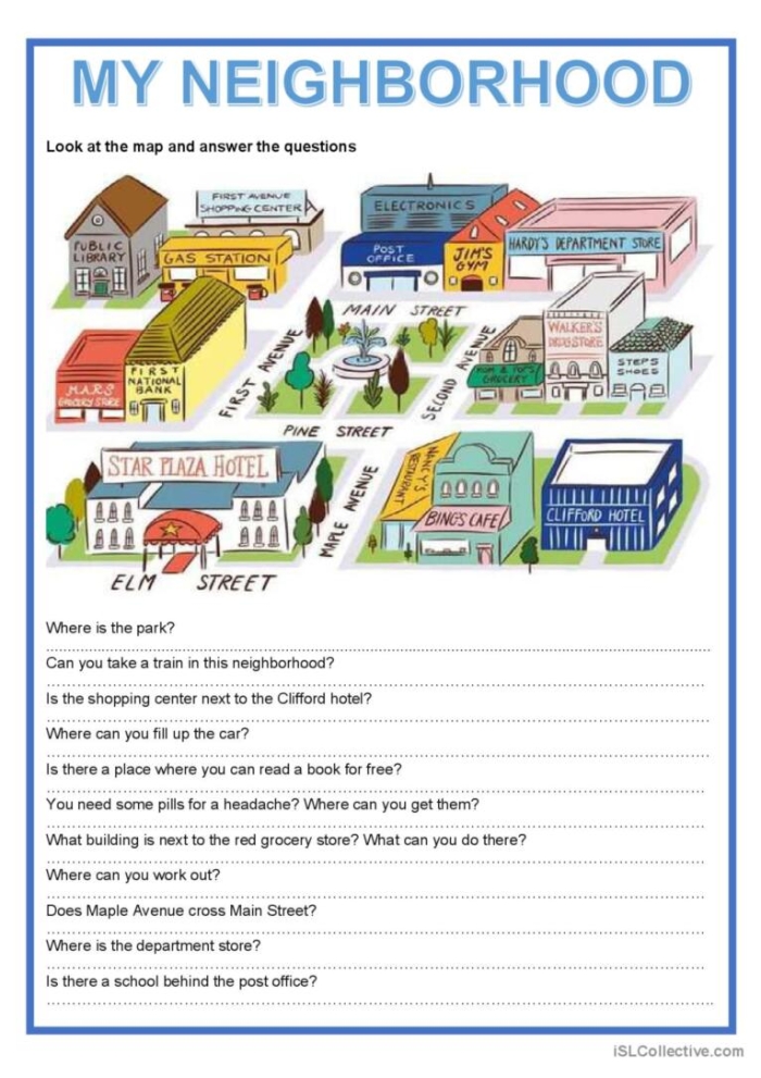 Second grade students use a colorful map key and compass rose to solve questions on this My Neighborhood Map worksheet