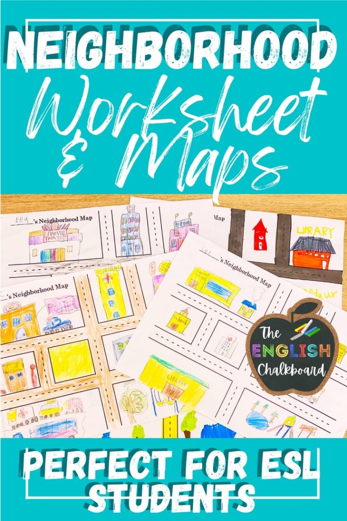 Second grade students using a neighborhood map with key and compass rose to answer map-reading questions on a colorful worksheet activity