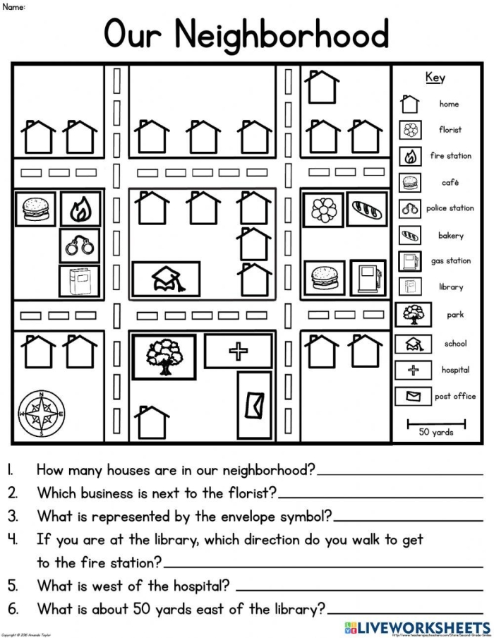 Second grade students practice map skills with a colorful My Neighborhood Map worksheet containing eight questions