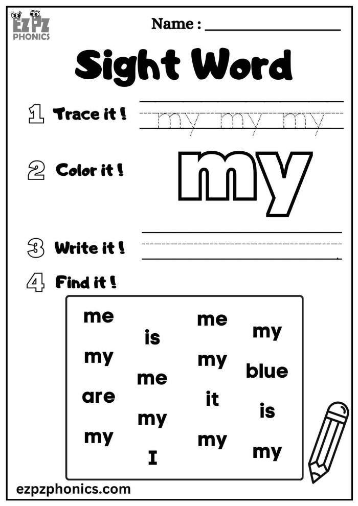 Pre-K worksheet featuring a Spruce Up the Sight Word activity for the word my