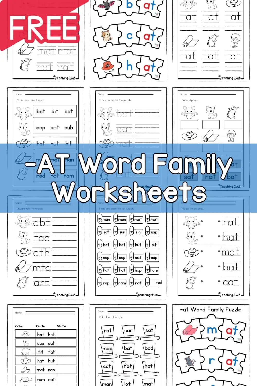 Worksheet featuring the "at" word family for Pre-K students to create their own mini book