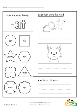 Worksheet for assembling a mini book focused on "at" word family for Pre-K readers