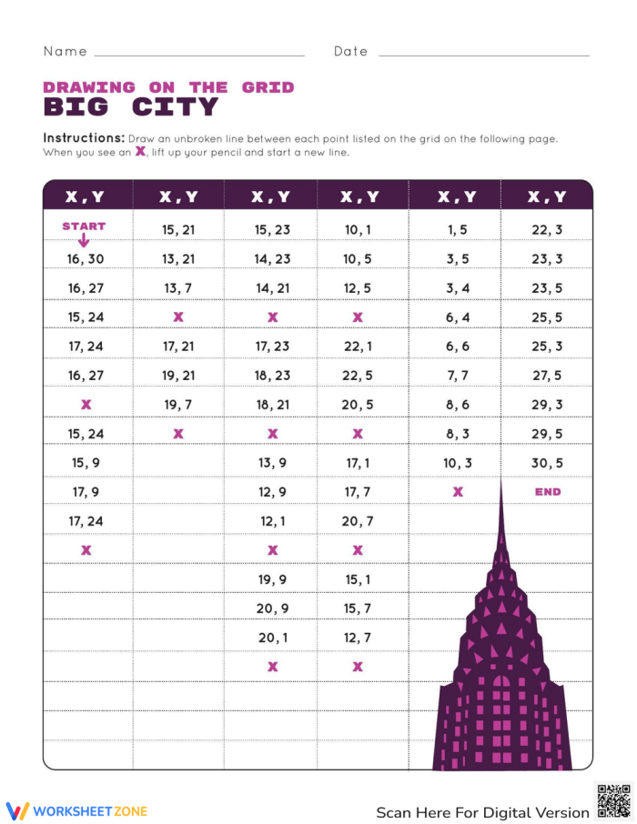 Data and Graphing worksheet for Fifth Grade Interactive worksheet featuring a Mystery Picture Graph with a Big City theme for fifth-grade math students. Fun graphing exercise where students plot points on a coordinate grid to reveal a hidden image.