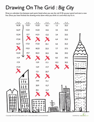 Image title for engaging fifth-grade math activity with a mystery picture reveal in a big city theme ALT text for Mystery Picture Graph worksheet featuring a big city skyline as students plot points on a coordinate grid