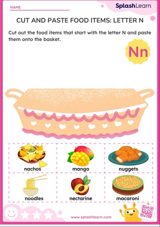 Worksheet featuring items that begin with the letter N for phonics practice. Engaging phonics worksheet for Pre-K children: Find things starting with N!