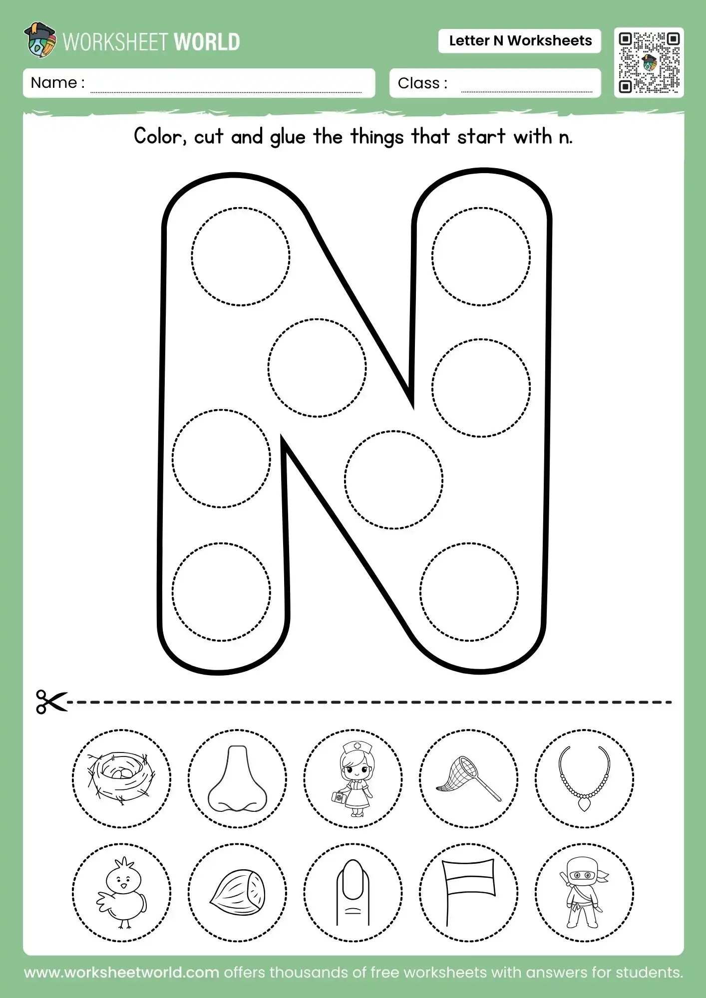 Pre-K phonics worksheet for identifying objects that begin with the letter N