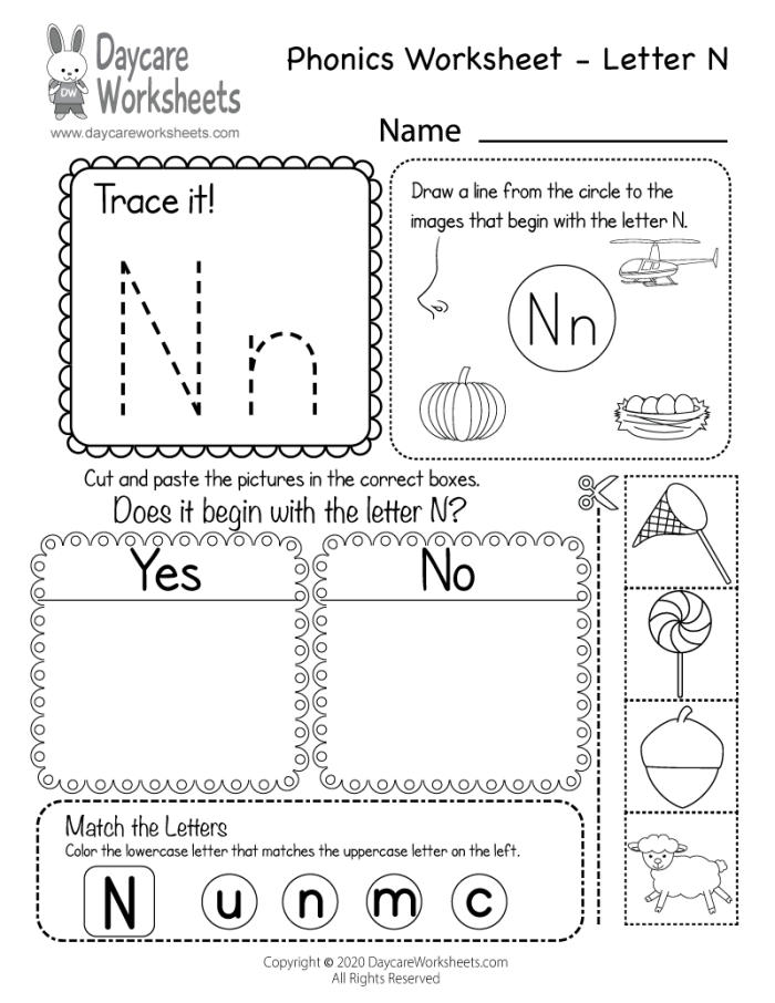 Interactive worksheet featuring items that begin with the letter N for phonics practice. Phonics activity for Pre-K: Discover things that start with N!