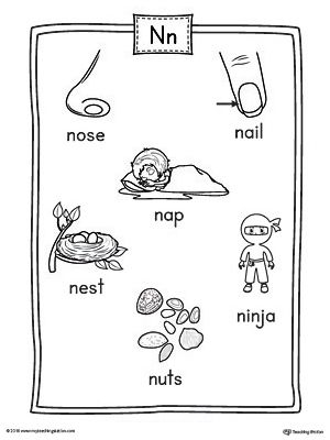 Pre-K phonics worksheet featuring various objects for children to identify items starting with the letter N
