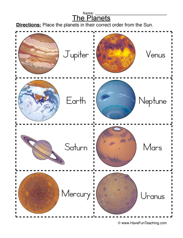 Third grade worksheet where students identify and label the eight planets in our solar system