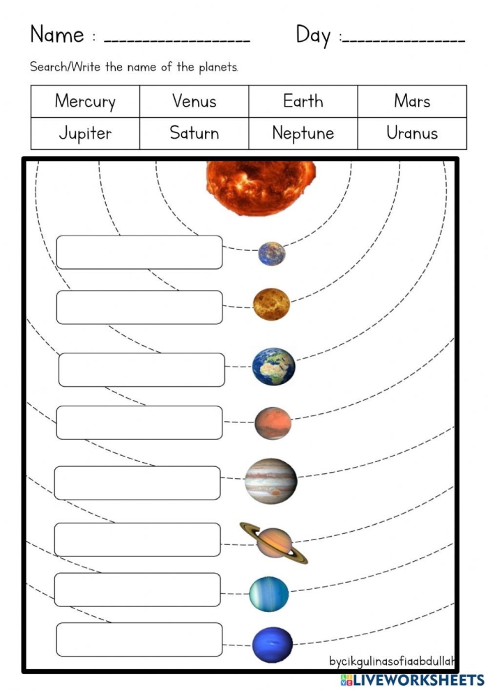 Third grade students labeling the eight planets of the solar system on an astronomy worksheet