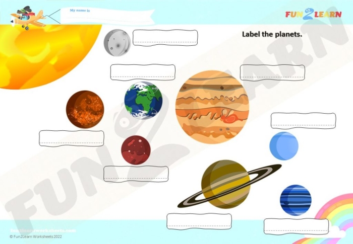 Third grade science worksheet for identifying and labeling the eight planets in our solar system