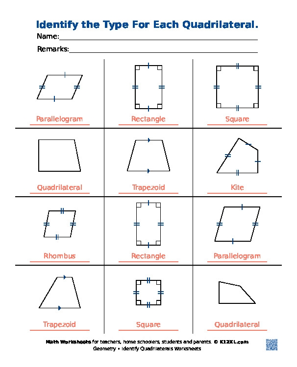 Third grade geometry worksheet showing different quadrilateral shapes with labels for students to identify and name