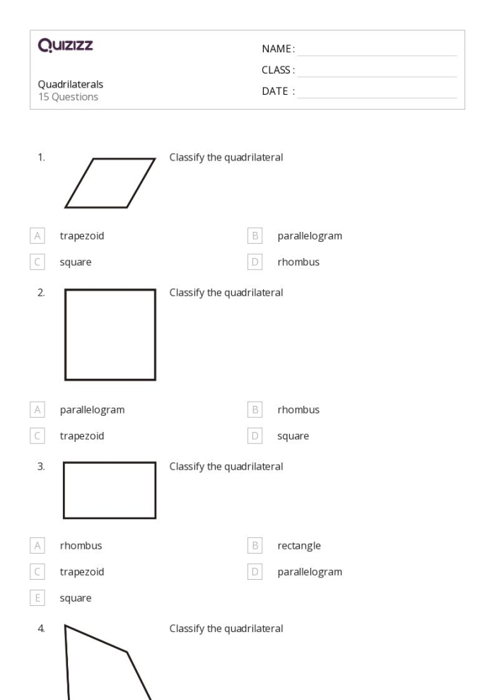 Third grade geometry worksheet for identifying and naming various quadrilaterals