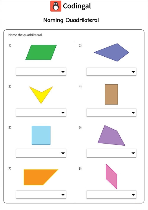 Third grade geometry worksheet for identifying and naming various quadrilaterals