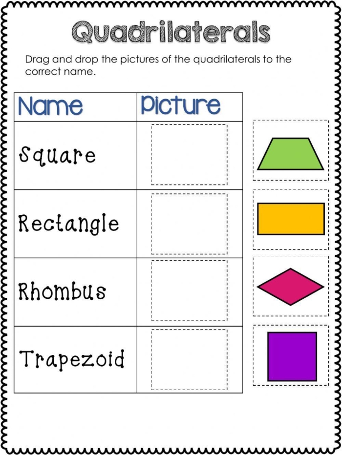 Third grade geometry worksheet showing various quadrilateral shapes with labels for students to practice naming four-sided figures