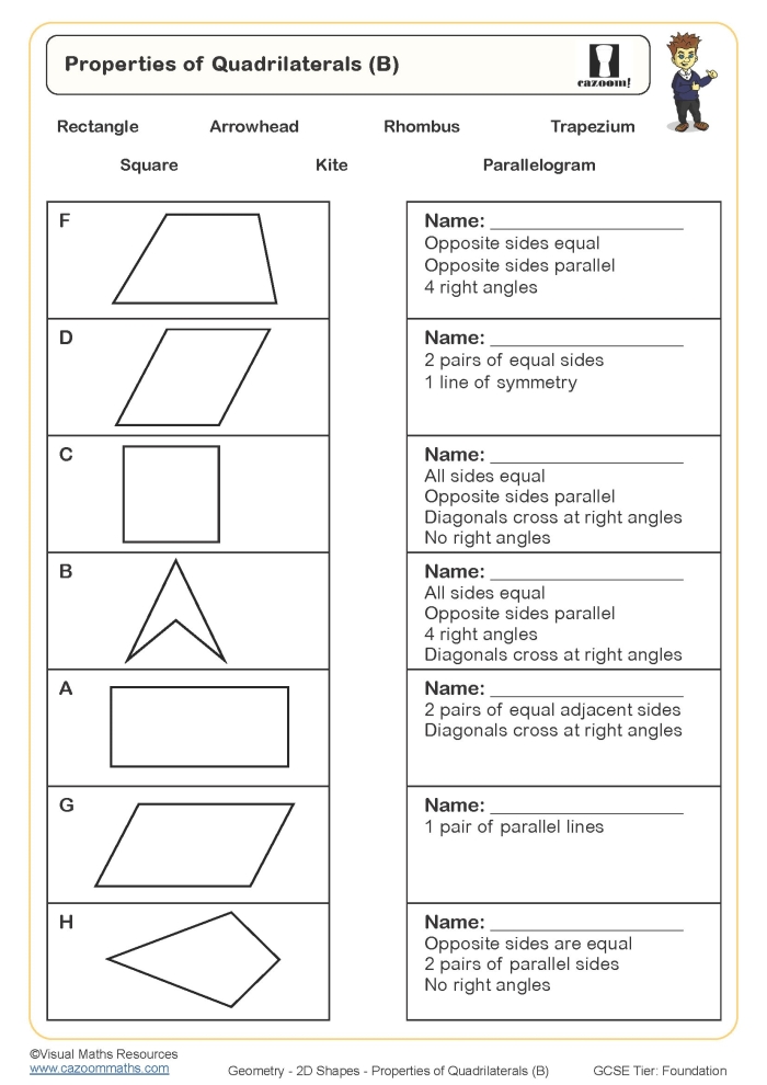 Third grade geometry worksheet featuring various quadrilateral shapes for students to identify and name