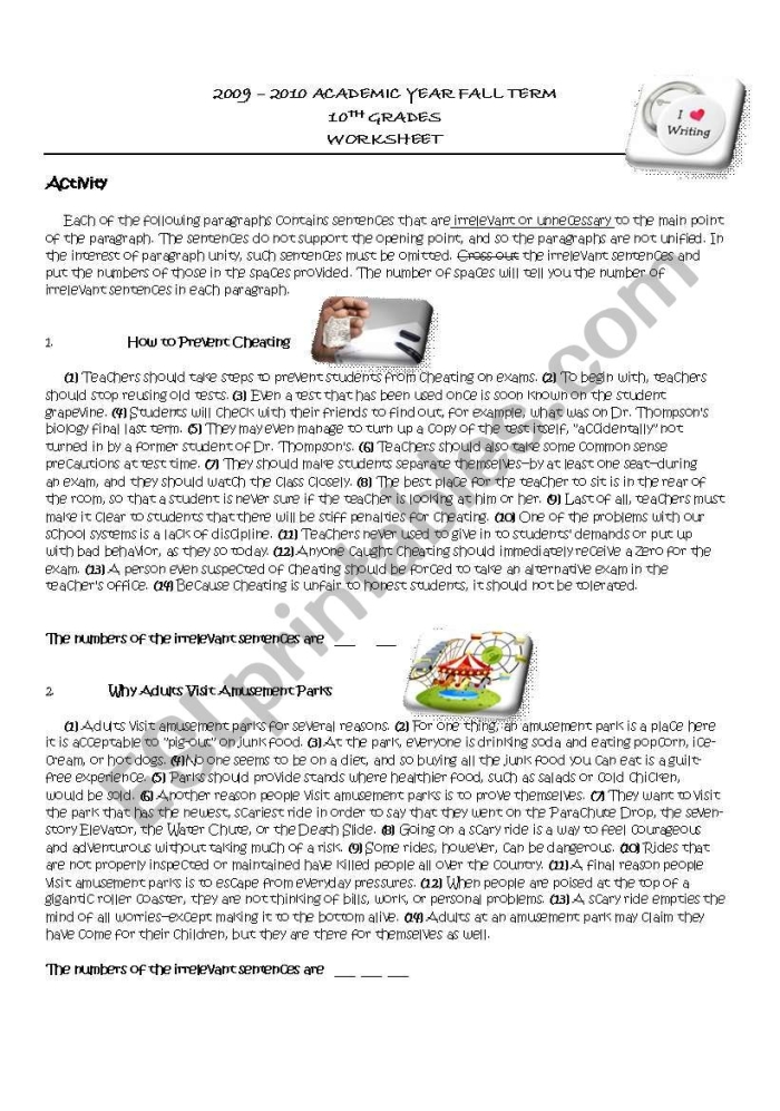 Narrative Writing Removing Irrelevant Details Sixth Grade Worksheet Sixth grade student identifying and crossing out irrelevant details in a narrative writing exercise