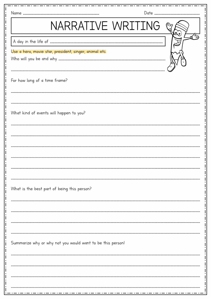 Narrative Writing Worksheet 16 Removing Irrelevant Details Practice Activity Sixth grade student worksheet showing narrative writing exercise with sentences highlighting unnecessary details to remove from a story