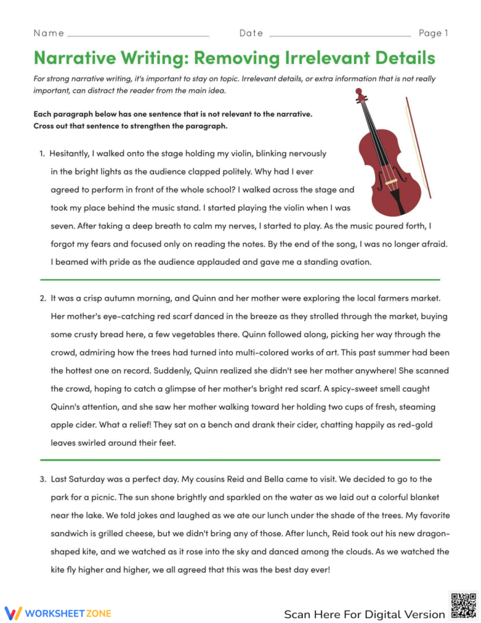 Narrative Writing Removing Irrelevant Details Worksheet Number Ten Sixth grade worksheet showing a student editing a narrative story to remove irrelevant details