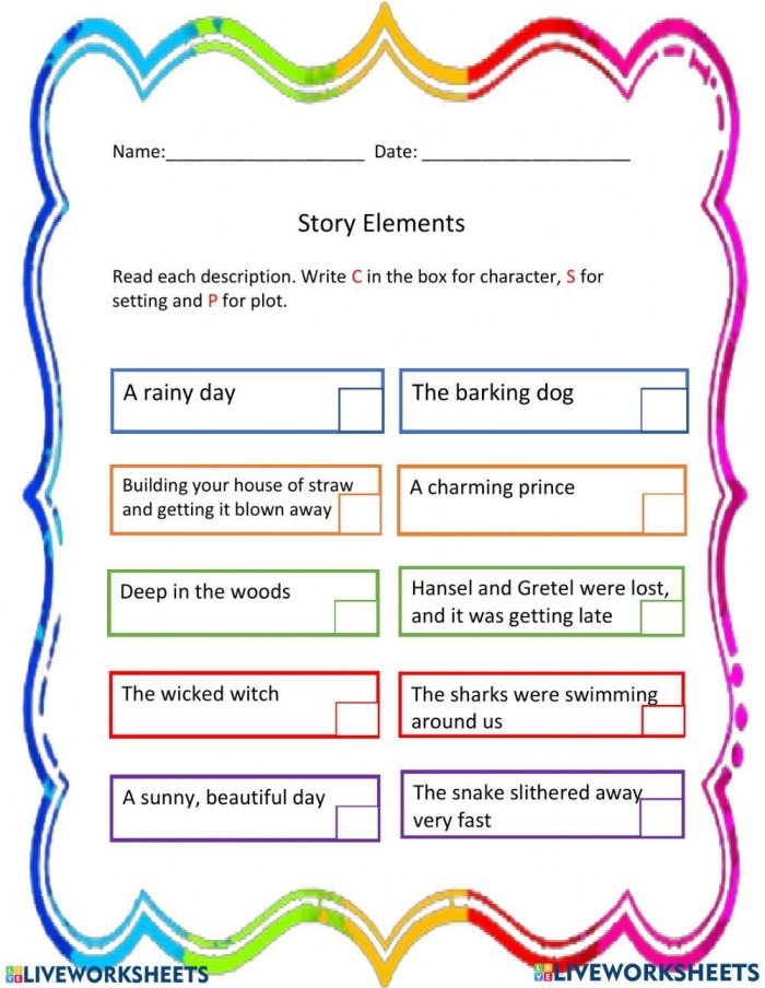 Complete the Table Narrative Elements Worksheet 12 A third grade student filling out a narrative elements chart in a grammar worksheet